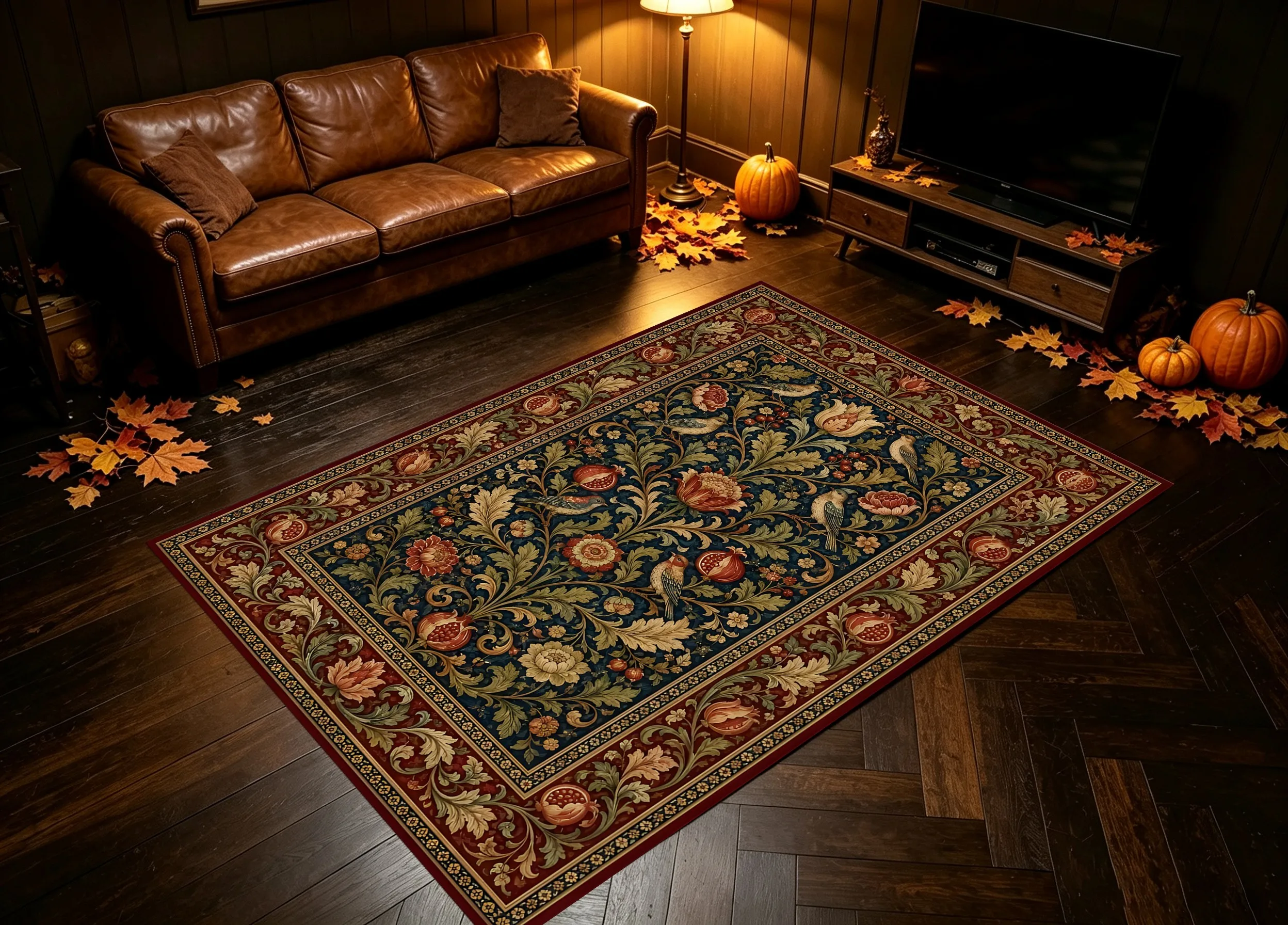 Vintage Pomegranate and Bird Velvet Rug for Home, Living Room, Bedroom and Entryway, Perfect for Christmas and New Year
