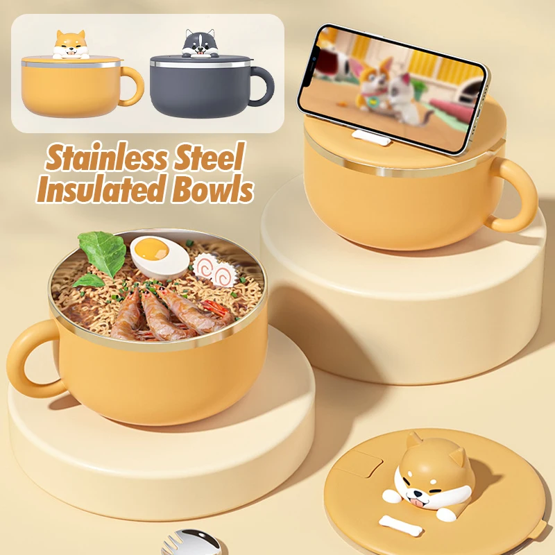 

1200ml Ramen Bowl Insulated Bowls Stainless Steel Instant Noodle Bowls With Lid Spoon Rice Soup Bowl Large Capacity Lunch Box