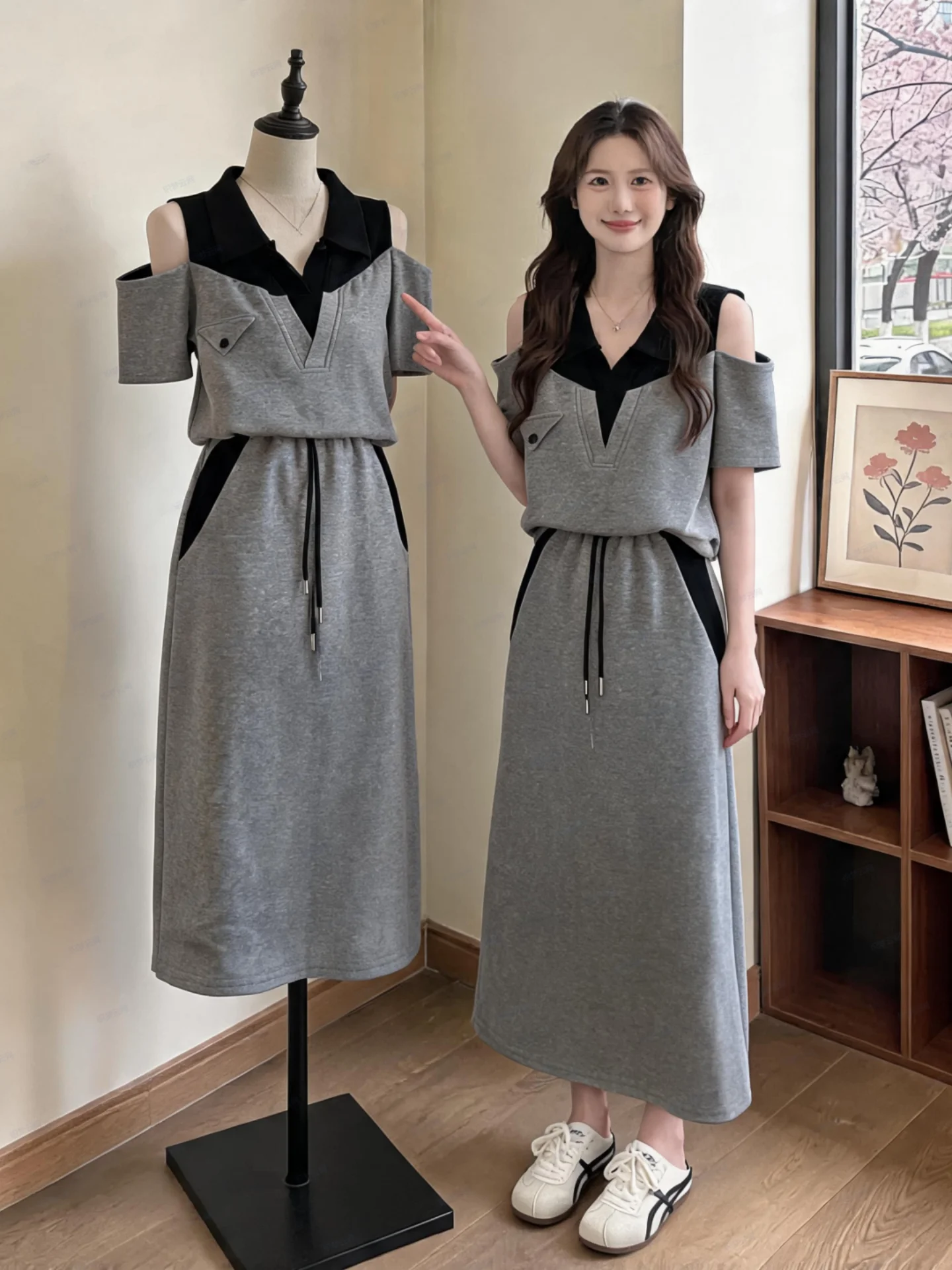 plus Size Slimming Concealing Women's Summer Design Patchwork Shoulder Bared Half Skirt Two-Piece Set Comfortable Breathable
