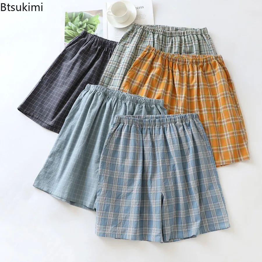 Men's Japanese Style Plaid Design Short Pajama Pants Spring and Summer Thin Loose 100% Cotton Five-point Homewear Shorts Male