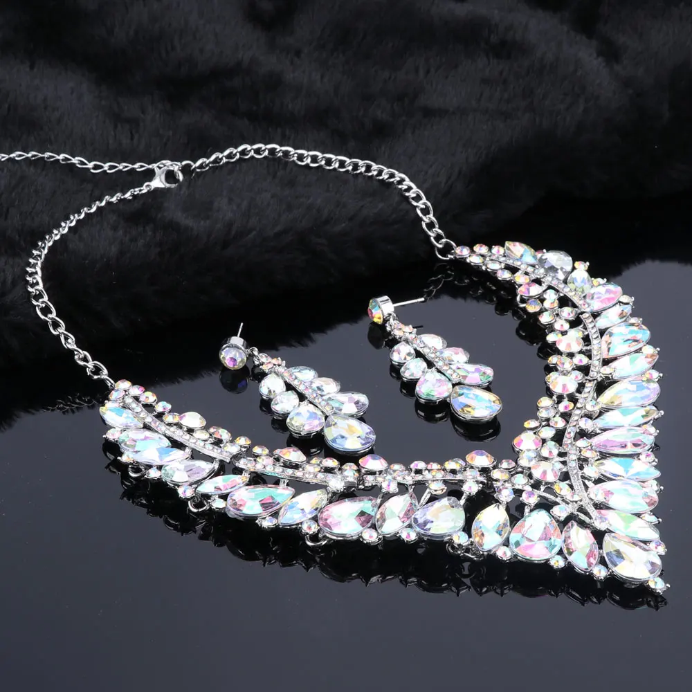 Luxury Wedding Jewelry Sets AB Color Crystal Necklace Earrings set Gifts for Women Dating Party Dresses Silver Color Accessories