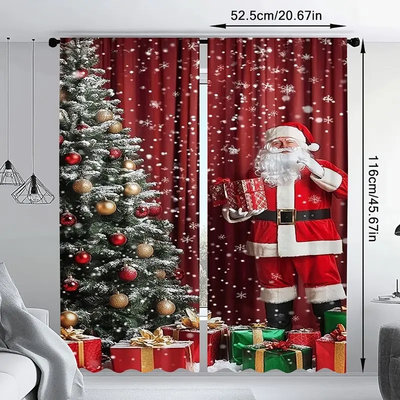 VIKAMA Santa Claus Christmas Curtain With Xmas Tree And Gift Boxes Snowflake Window Curtain For Living Room Festive Home Decor