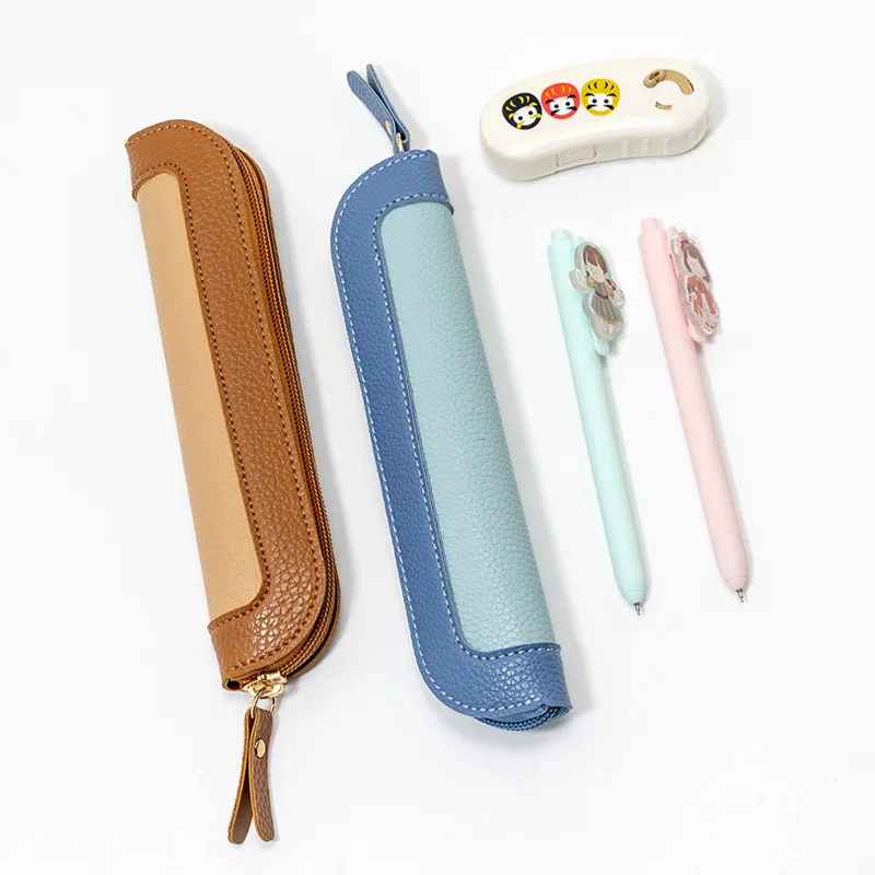 Korean Style Color Matching Small Fresh PU Leather Pencil Bag Portable Stationery Case for Students Signature Pen Storage Box