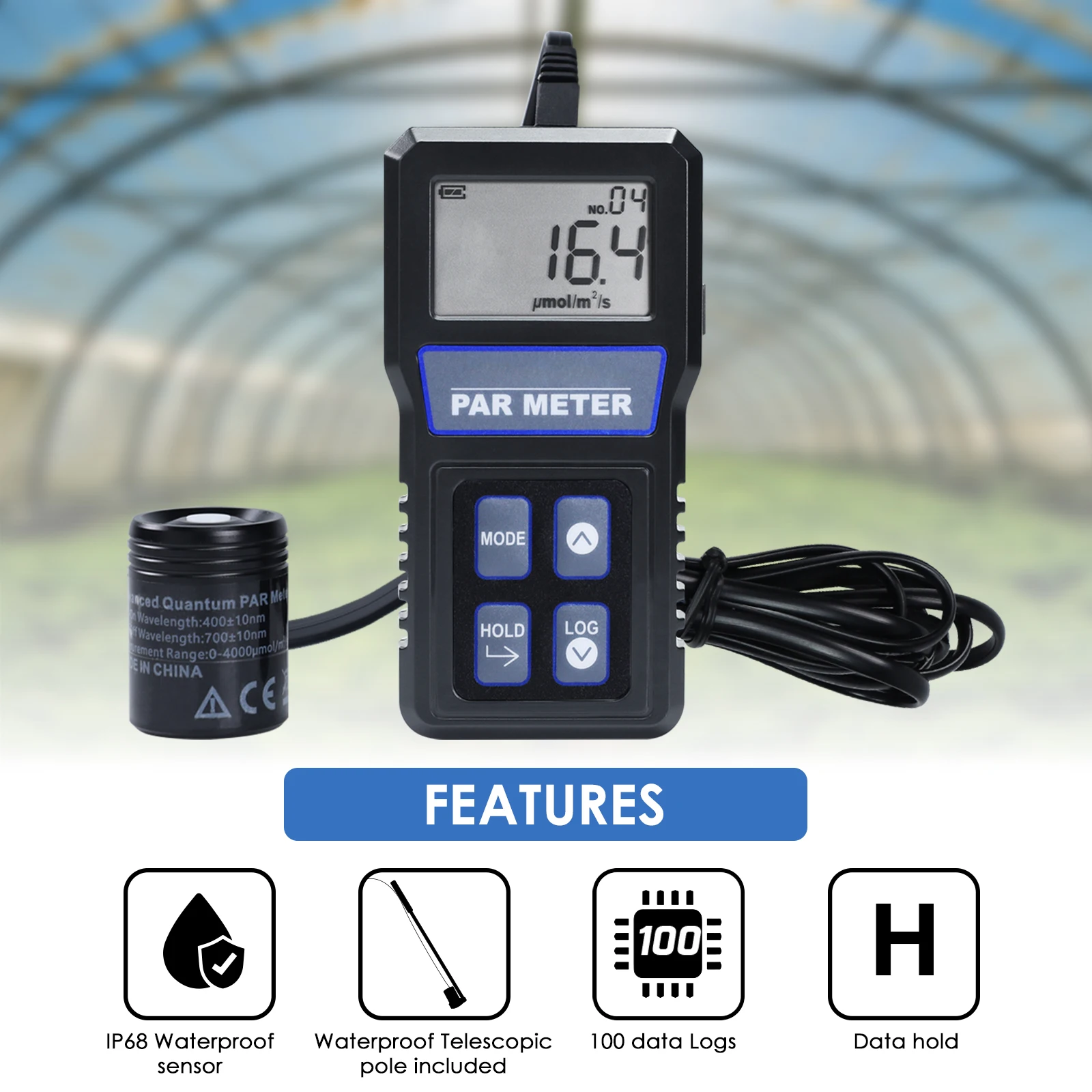 Par 414 IP68 wasserdichter Sensor digitaler Quanten-Vollspektrum-Riff behälter Par Meter Photosynthetic Activity Record Data Hold