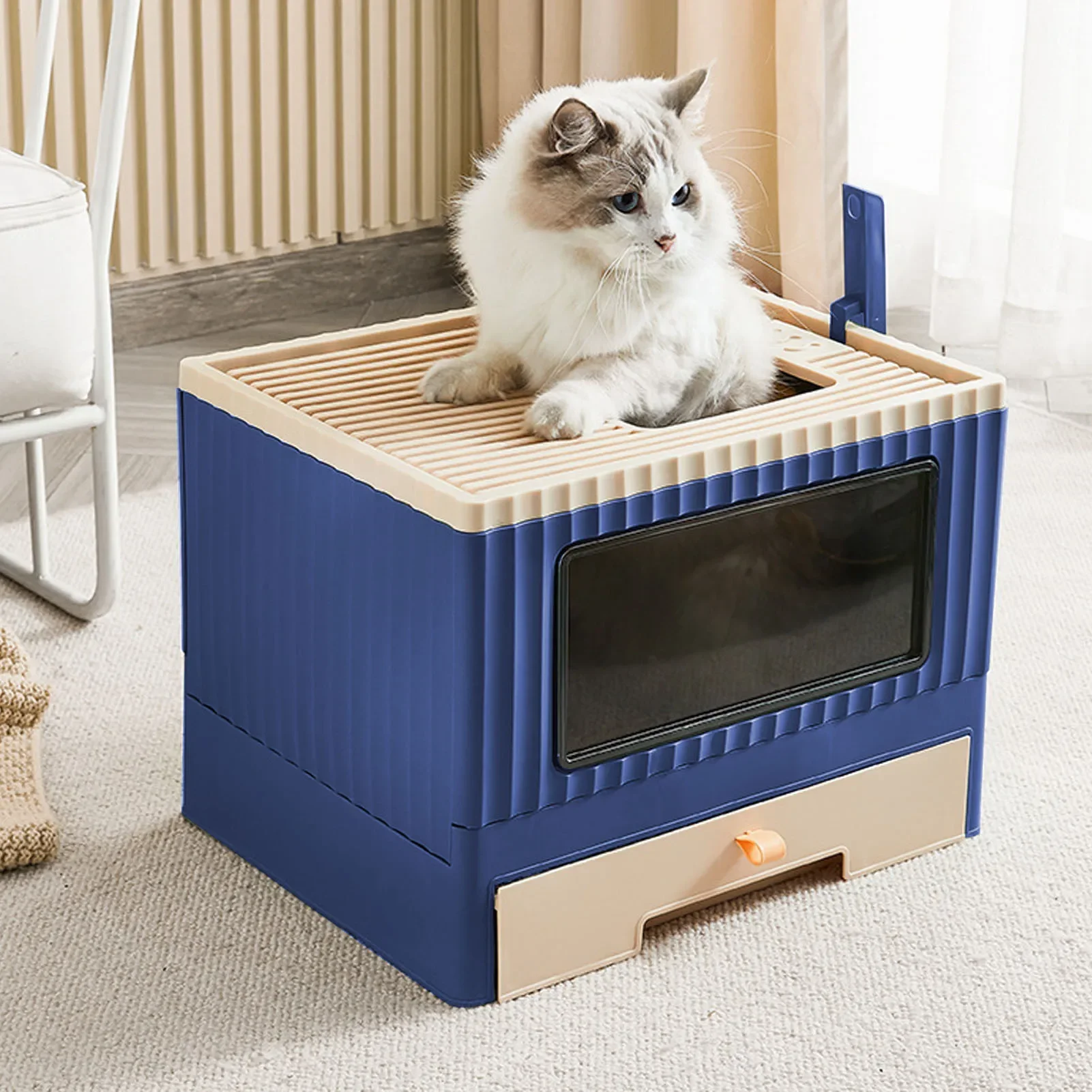 Cat Litter Box Foldable Cat Litter Box Plastic Top Entry Opening Semi Enclosed Reduce Odor Leakage Kitty Toilet Kitty Litter Box