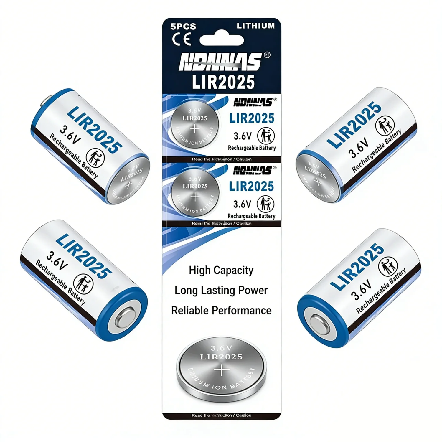 

NBNNAS 5 шт. LIR2025 3.6V перезаряжаемые литий-ионные батарейки-таблетки, высокоемкие батарейки для автомобильных ключей, пультов ДУ, игрушек, часов