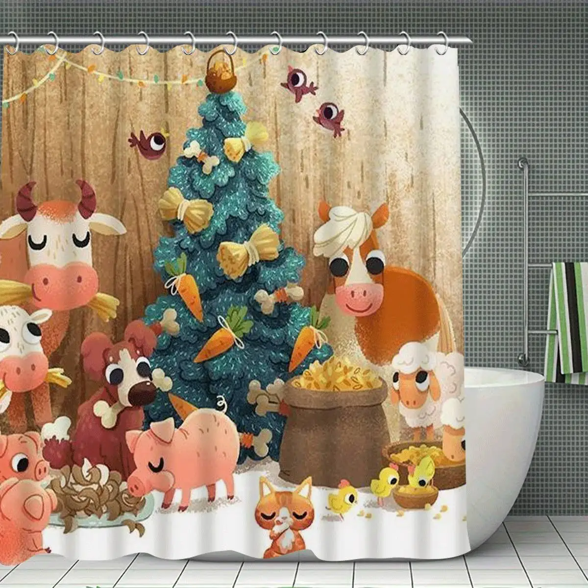 

Рождество с Рождеством, 4 шт., зимнее украшение, набор занавесок для душа с 12 крючками, водонепроницаемая занавеска для душа, нескользящая ма для ванны