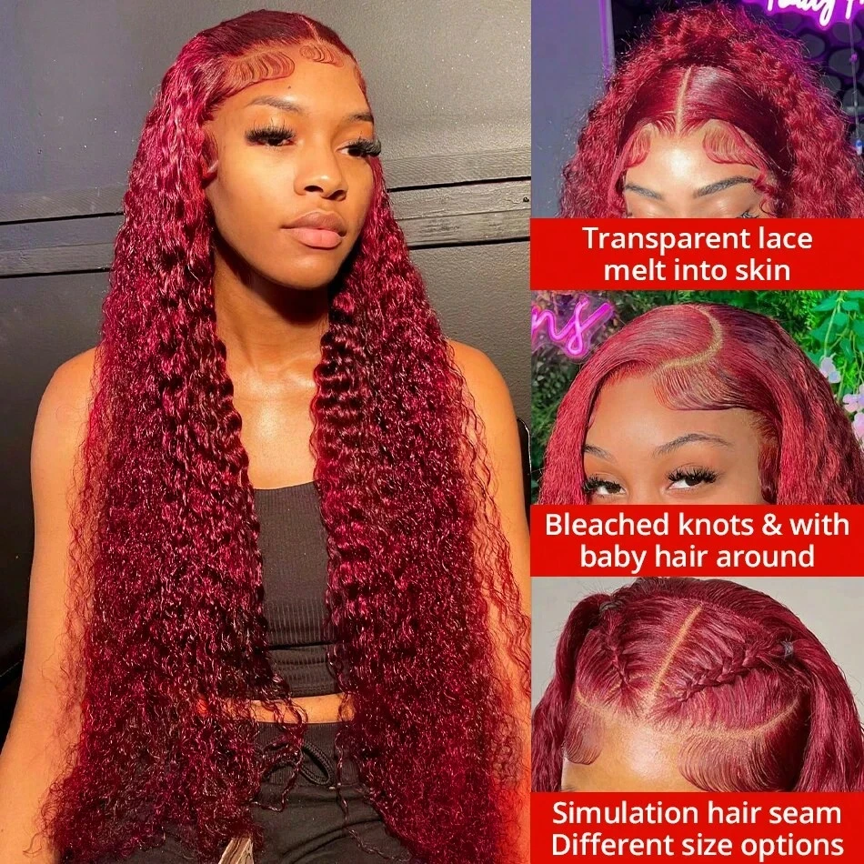 220 Density 99j Burgundy 13x6 HD Lace Frontal Human Hair Wig Pre plucked Colored Brazilian Deep Wave Curly Human Hair Wig image 3