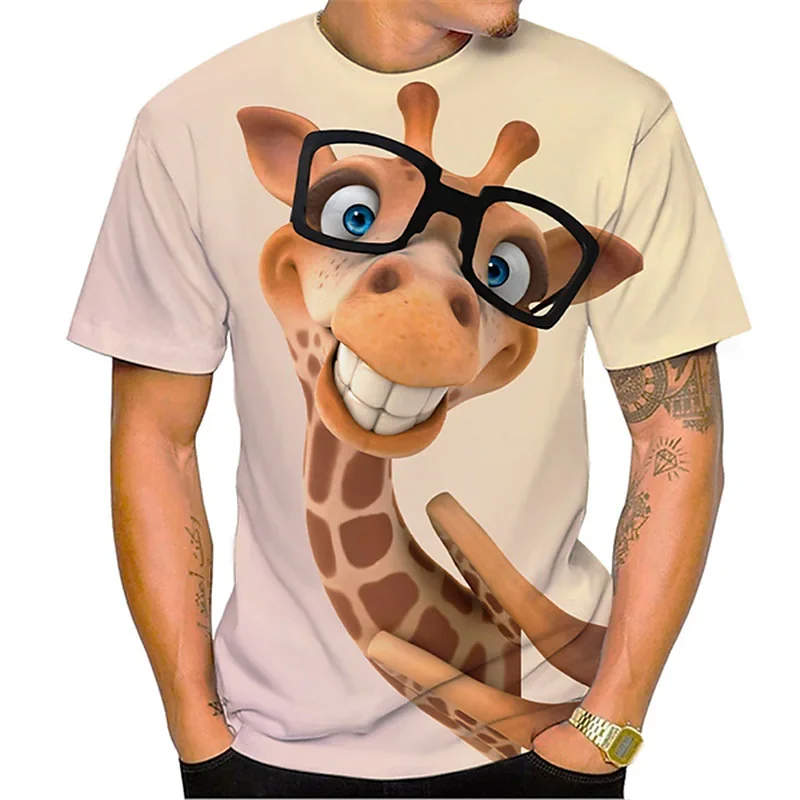 Camiseta divertida de verano para hombre, Tops con estampado 3D de jirafa, camisetas de animales, cuello redondo, camisas de gran tamaño, ropa de