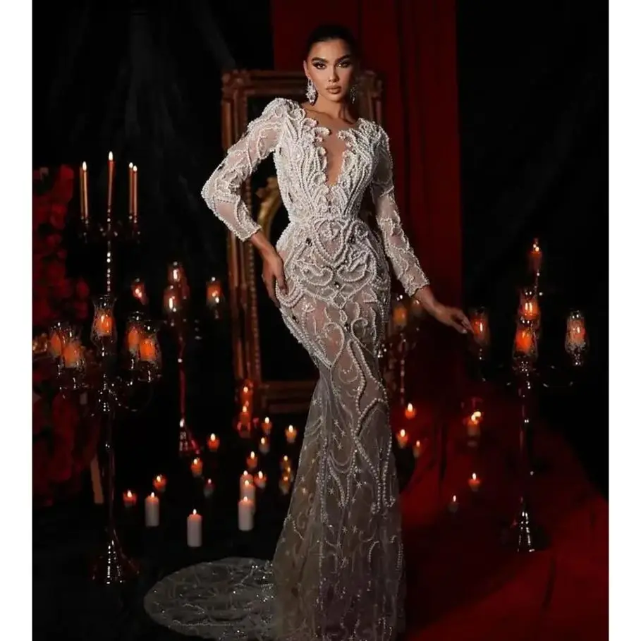 

Elegant Luxury Pearls Crystal Mermaid Evening Dress White Sheer Neck Beaded Floor Length See Through Formal Gown robe de soirée