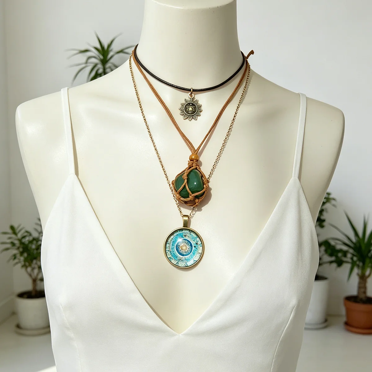 Boho Multi Layered Necklace Set Sun And Green Stone Pendant With PU Leather Cord And Metal Chain Fashion Jewelry For Women