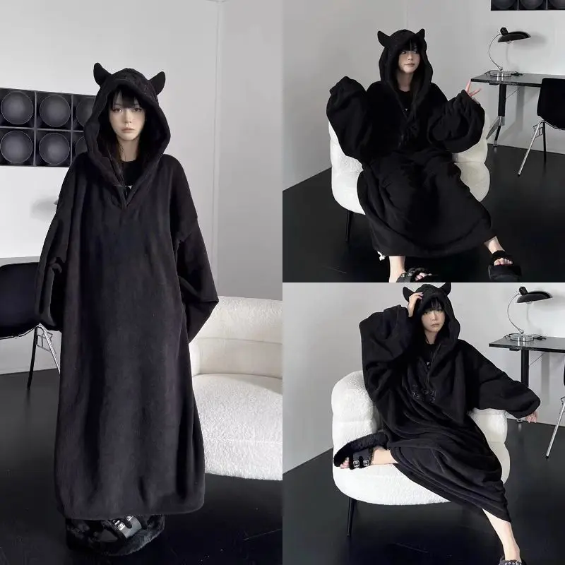 Thickened padded pajamas Solid color Homewear Loose oversized hooded Dresses Imp couple robe Fall and winter one-piece Sleepwear