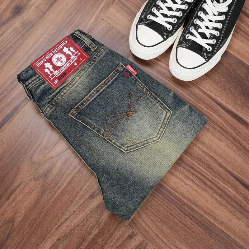 

Heavy-washed classic embroidered jeans, autumn and winter vintage blue distressed men's pants, slim straight-leg trendy men's we