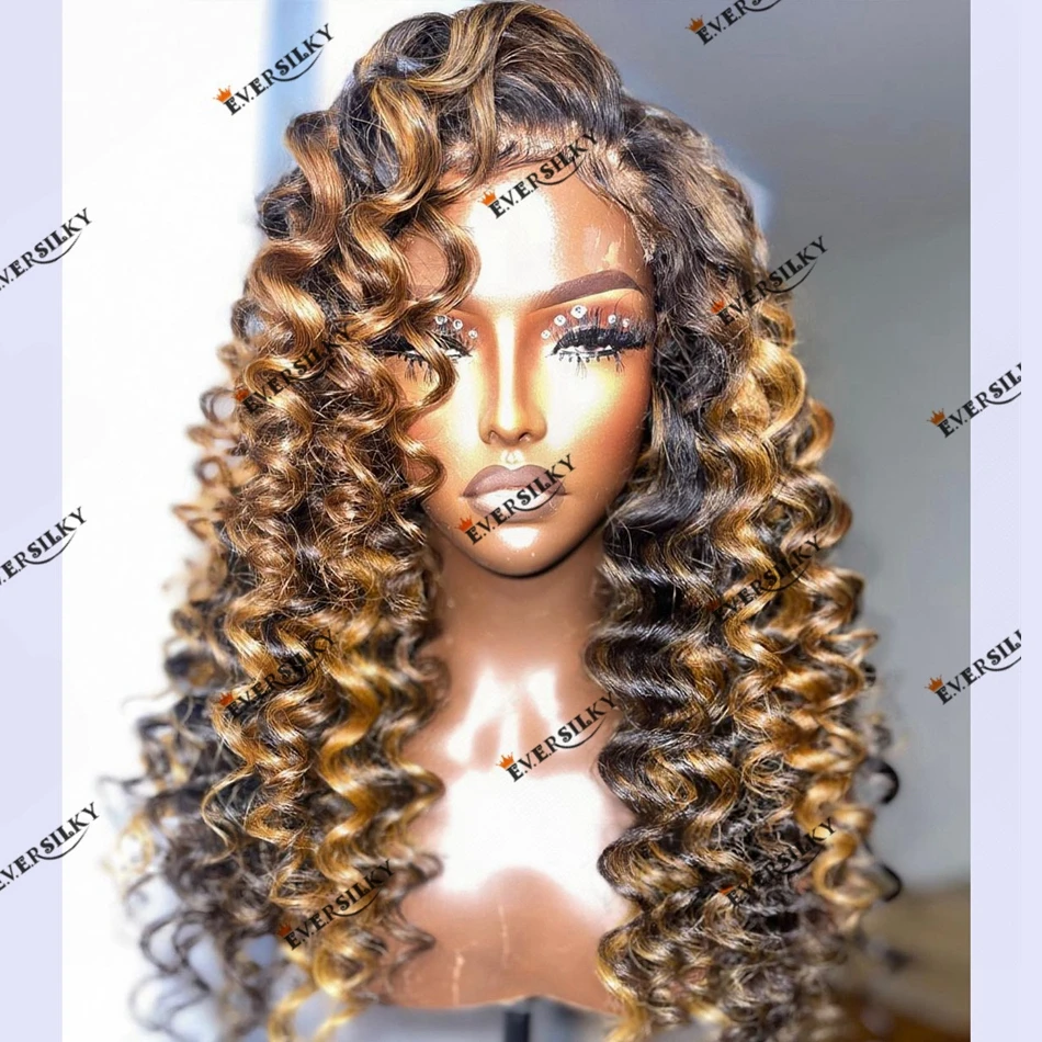 4/27 Honey Blonde Highlighted Wand Curl Human Hair Lace Front Wig Side Part 5x5 Lace Closure Indian Remy Hair Wig 13x6 Lace Wig