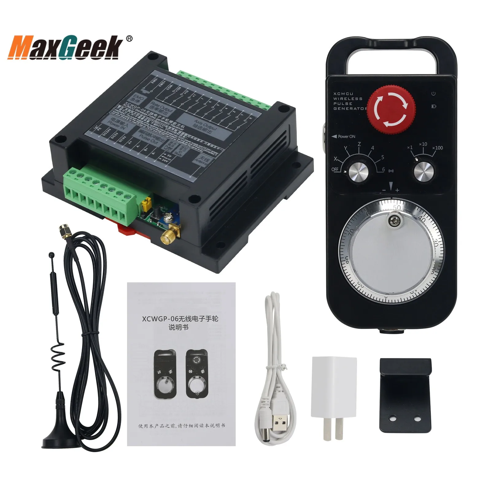 

Maxgeek XCWGP-06 Wireless Pulse Generator Handle Unit CNC MPG Wireless Manual Pulse Generator with Emergency Stop Function