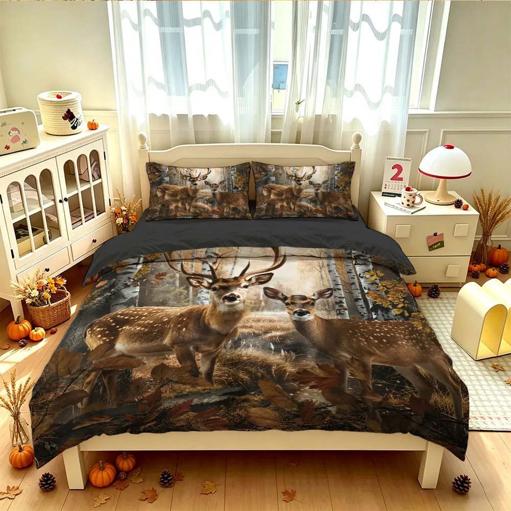 3PCS Autumn Birch Forest Double Deer Duvet Cover Set Soft Comfortable No Filling 1 Duvet Cover 2 Pillowcases Bedroom Festival