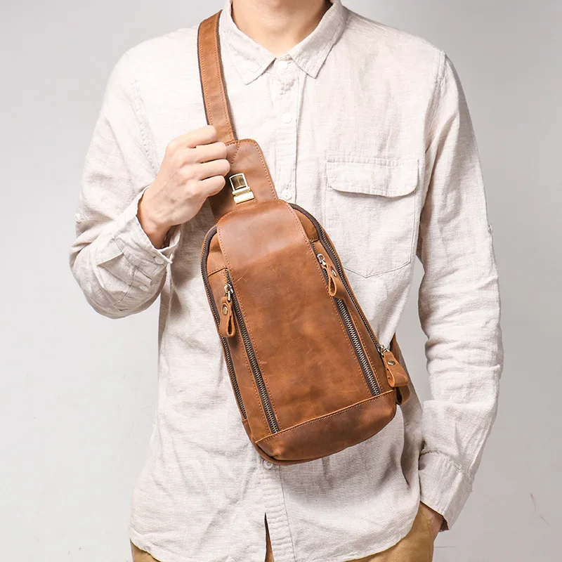 Retro men's genuine leather chest bag, crazy horse leather sports crossbody backpack, large-capacity mobile phone storage