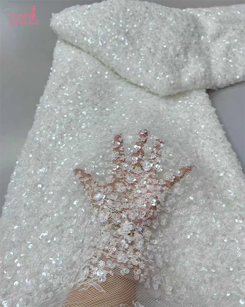 

High Quality White Africa Lace Fabric Handmade Embroidery Beaded Net with Shining Sequins for Party Wedding Dresses