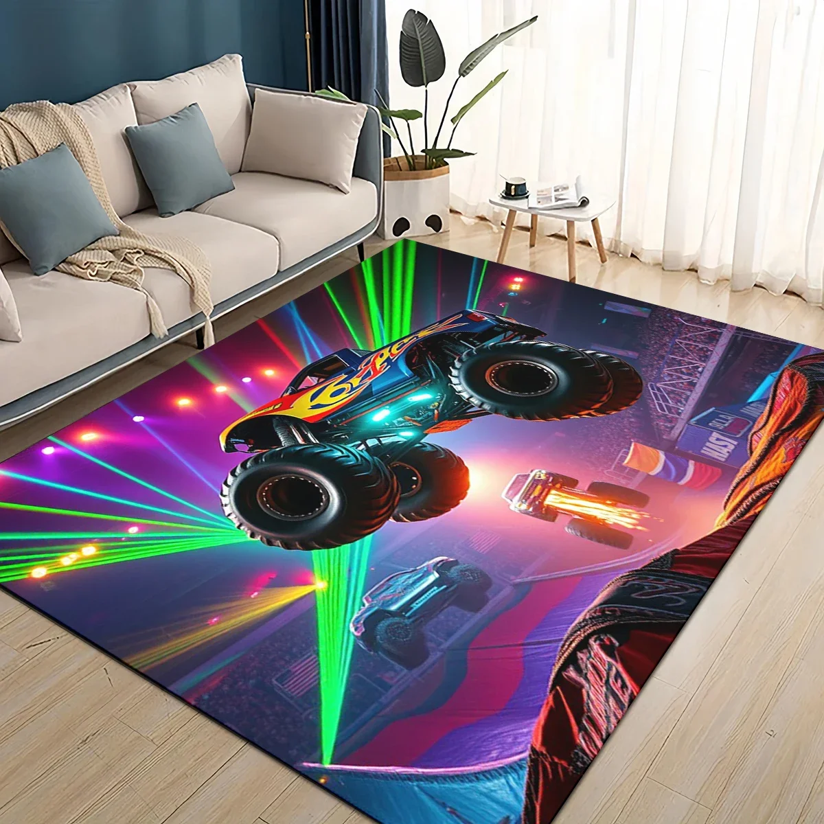3D H-Hot Wheels Monster Racing Car Area Rug,Carpet Rug for Living Room Children's Bedroom Sofa Doormat Decor,Non-slip Floor Mat
