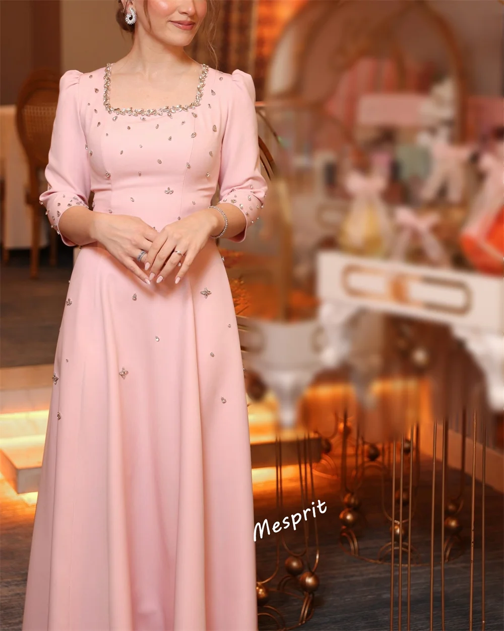 Customized High Quality Square Neck Long Sleeves A-line Long Dresses Glitter Wedding Party Dress Bespoke Occasion Formal Evening