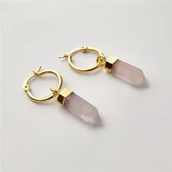 FUWO 1 Pair Natural Rose Crystal Point Earrings,Golden Plated Handmade Faceted Semi-precious Stone For Women Gift ER412