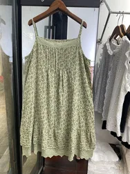 Summer Women's Floral Print Cotton Linen Blend Thin Strap Dress Pleated Accordion Gown Vest Style Casual Chic Lightweight Dress