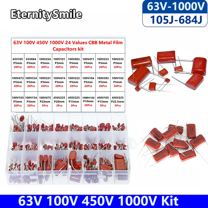 

401Pcs/ Box CBB Metal Film Capacitors Assortment Kit 63V100V 450V 1000V 24 Values 0.1UF-4.7UF 102J 103J 105J 154J 225P 333P-684