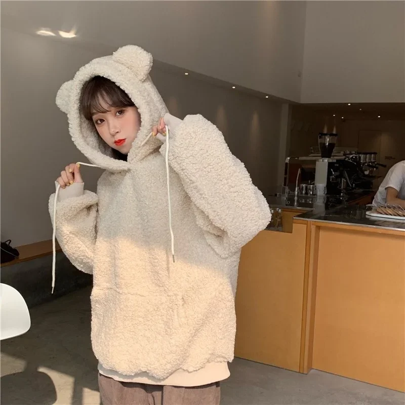 

Winter Warm Wool Bear Ear Hooded Sweatshirt Women Korean Style Students Plus Size Hooded Pullover 2024 Oversized Hoodies Tops