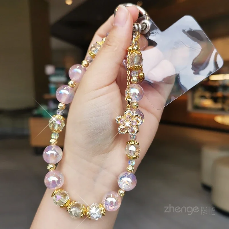 Mobile Phone Chain Luxury Dream Beads Pink Beaded Mobile Phone Lanyard Women\'s Advanced Sense of Crystal Flower Pendant