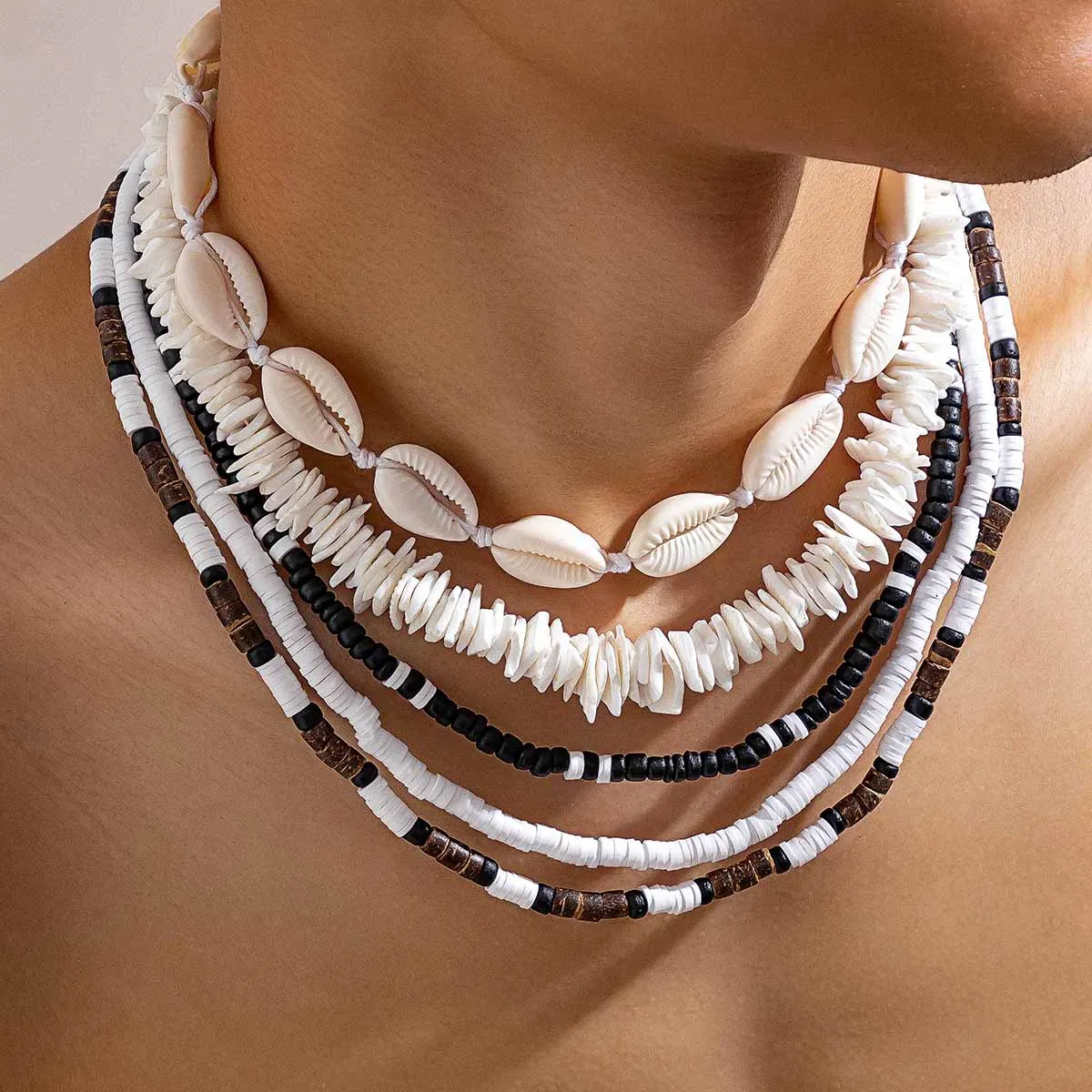 KunJoe 5pcs/set Bohemian Wood Beaded Choker Necklace for Men Vintage Soft Clay Necklace Tribal Surfer Jewelry