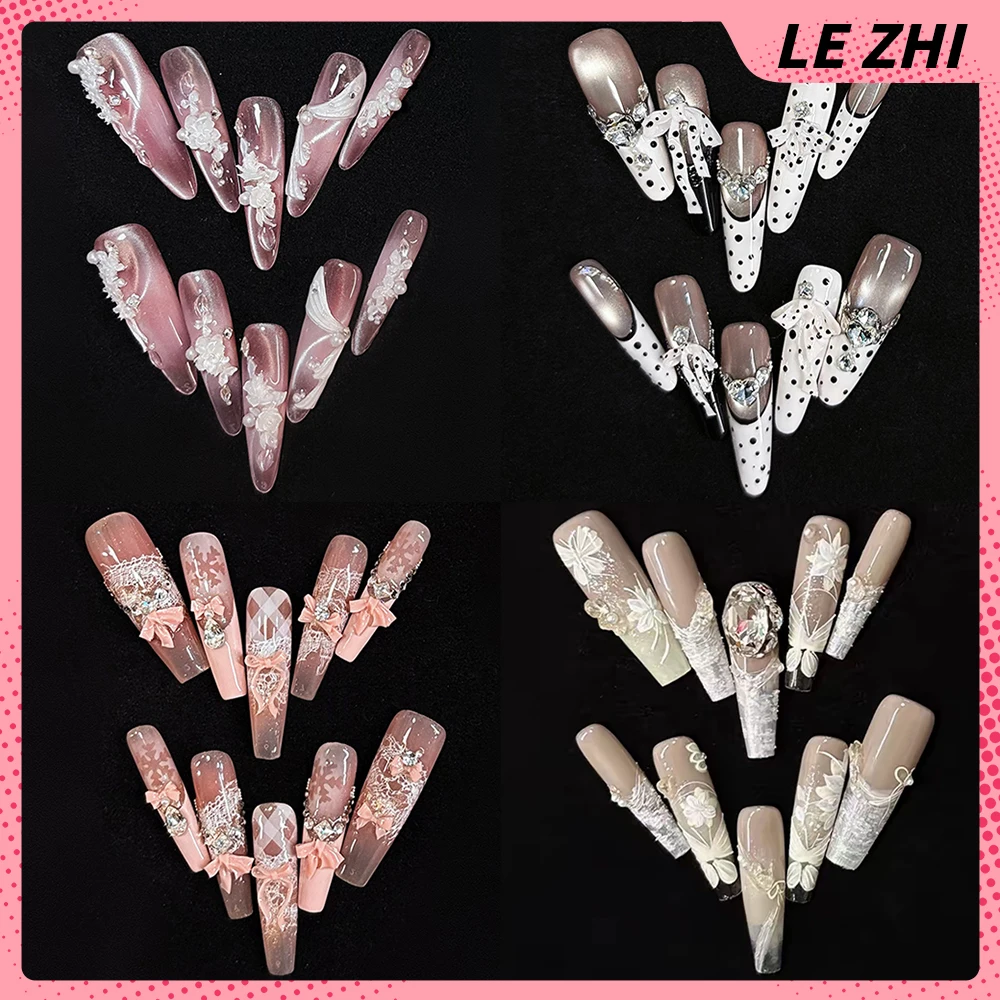 

High-End Beautiful Fashion Handmade Long Stiletto Coffin Wearable Press On Nail Pearl Bowknot Diamond Flower Butterfly Fake Nail
