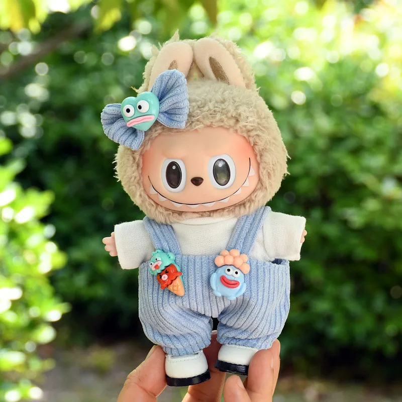 1 セット 17 センチメートル Labubu アイドル人形座っているパーティー甘いチューブオーバーオール服ギフトミニぬいぐるみ人形の服衣装アクセサリー