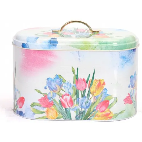 House With Tulip Pattern Metal Bread Cart 11 lt-Multicolour