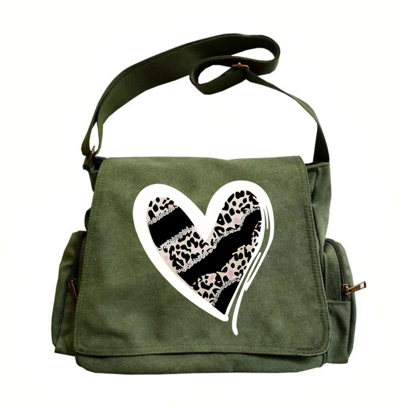 

Fashion Women's Bag Multiple Pockets Leopard Heart Print Shoulder Bag Canvas Crossbody Messenger Bag Laptop Bag