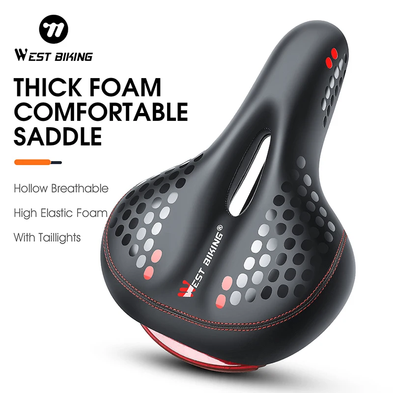 

WEST BIKING Bicycle Seat Cushion Cycling Mountain Bike Thick Saddle Road Bike Soft Seat With Tail Light Night Bike Accessories