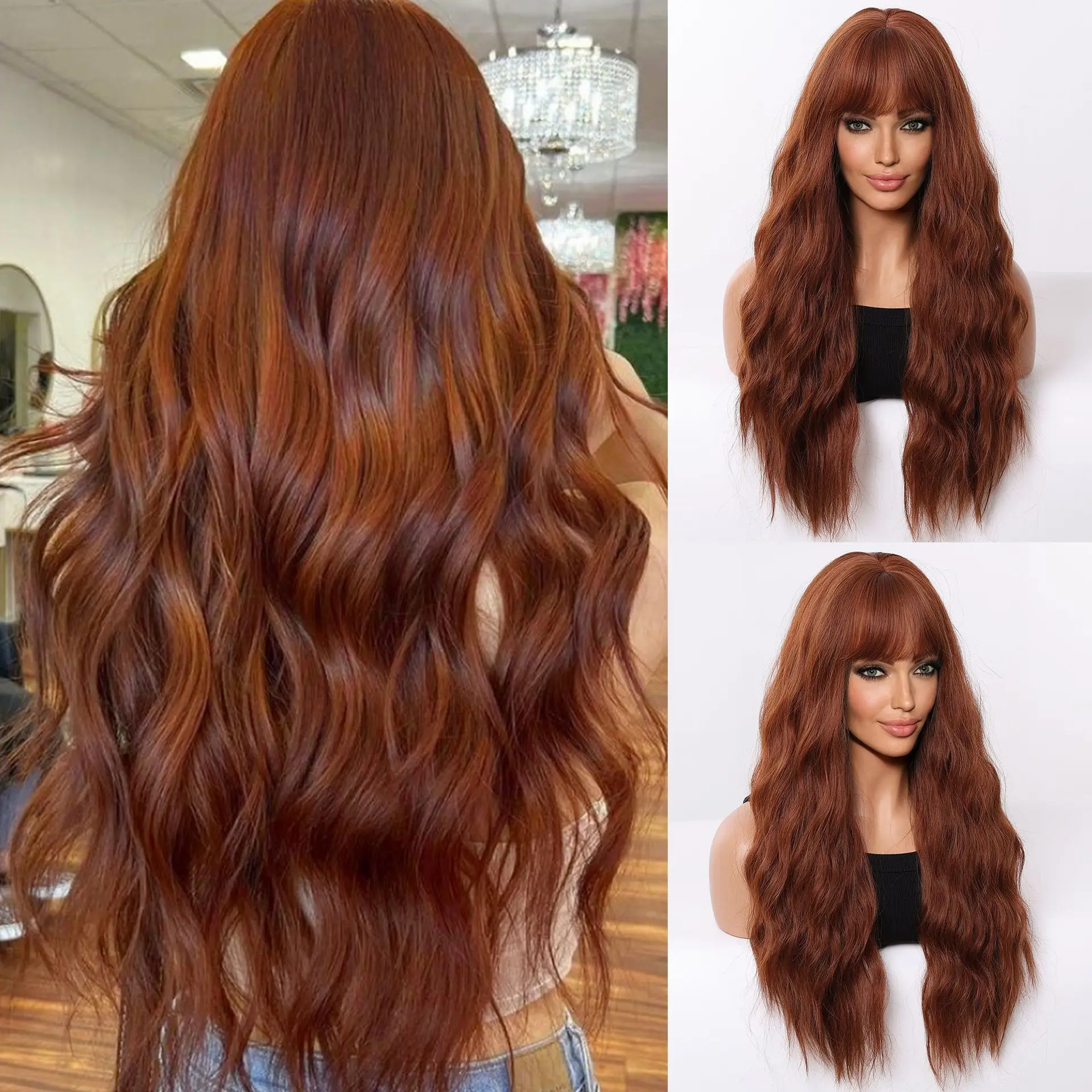 JOVIA Peach red woolen curly long hair with fringe water ripple pattern high temperature silk fake hair accessory Heat Resistant
