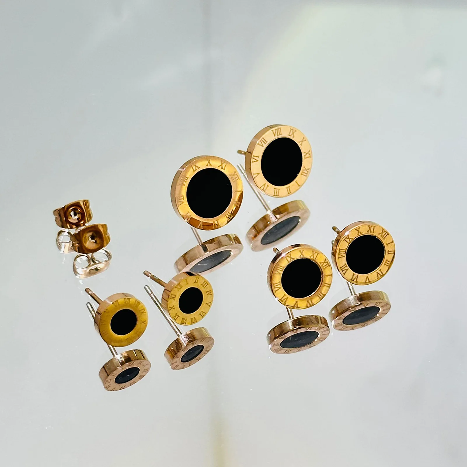 Wholesale 3 Pairs 10mm Roman Numeral Stud Earrings 316 Stainless Steel Gold & Rose Gold Round Piercing Jewelry Bulk Resale