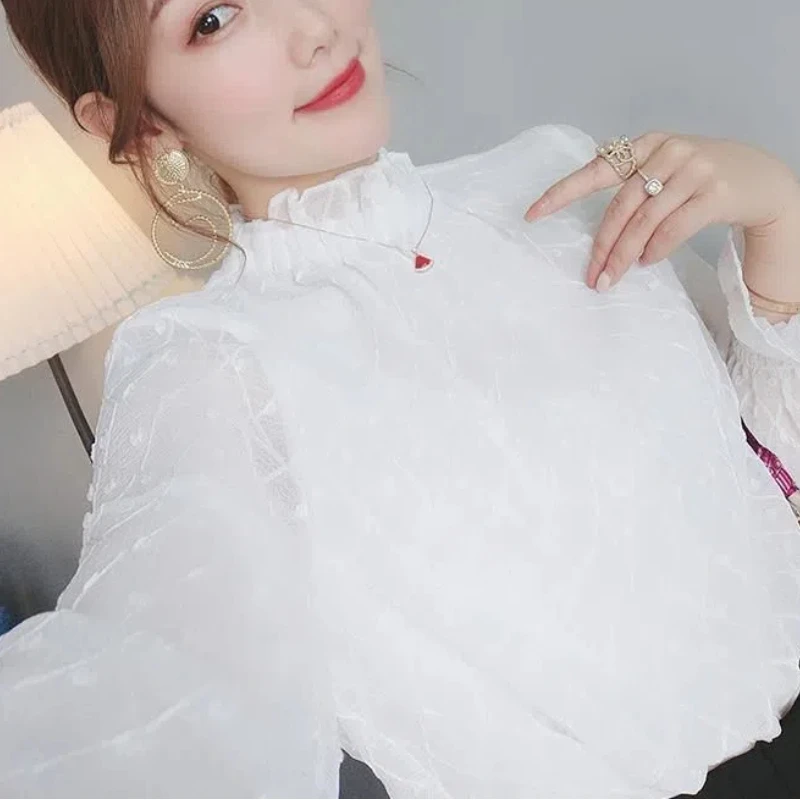 Spring  Autumn New Fashion Half high collar Long sleeve Blouses Women\'s Clothing Chiffon Pleated Lace Korean All-match Shirts