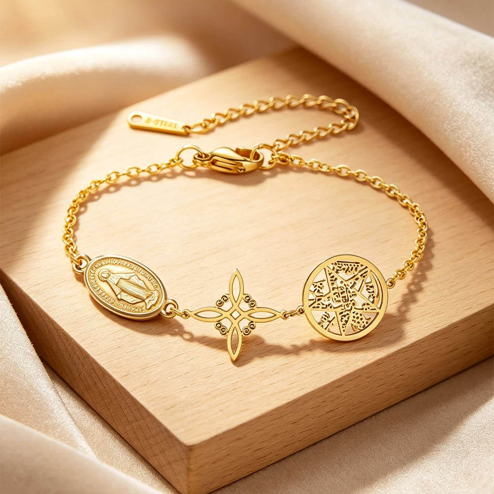 Triple Protection Charm Bracelet Amulet Virgin Mary Pentagram Tetragrammaton Witch Knot Stainless Steel Gold Color Jewelry Gift