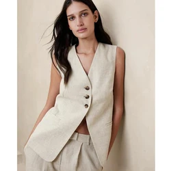 Female Top Women's Linen Suit Vest Outer Wear Summer Thin Breathable Casual Fashion Slim Fit Sleeveless Vest Woman Jackets Vests