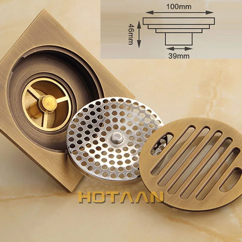 . High Quality Antique Brass Carved Flower Art Bathroom Accessory Floor Drain Waste Grate100mm*100mm YT-2104