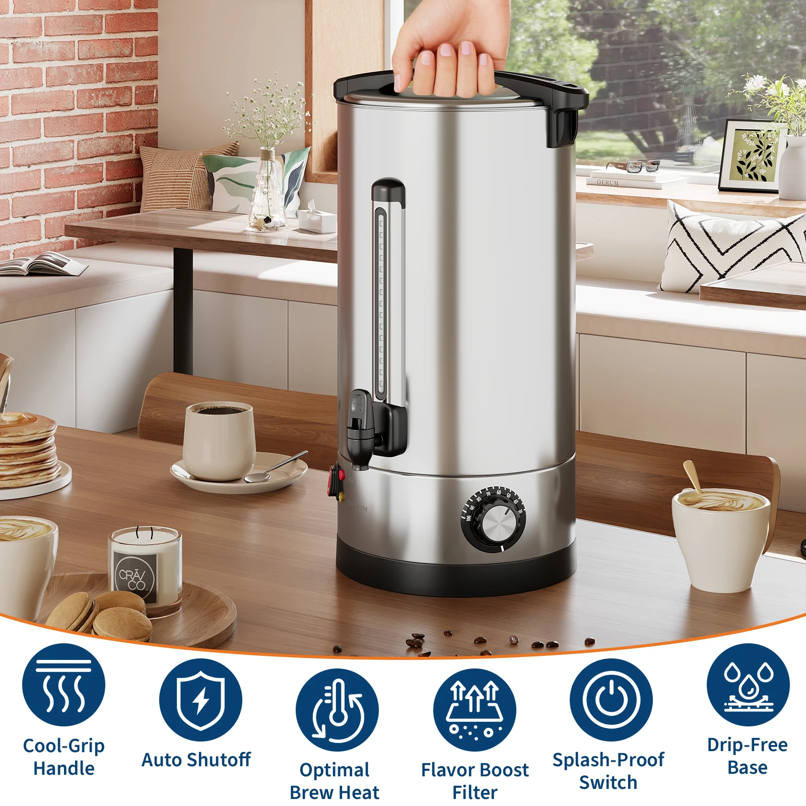 16L Commercial Electric Coffee Urn 304 Food‑Grade Stainless Steel, Auto Keep Warm & Auto Shut‑Off, No‑Drip Spout, Heat‑Resistant Handle, 110 Cups Large Capacity for Party Restaurant Buffet