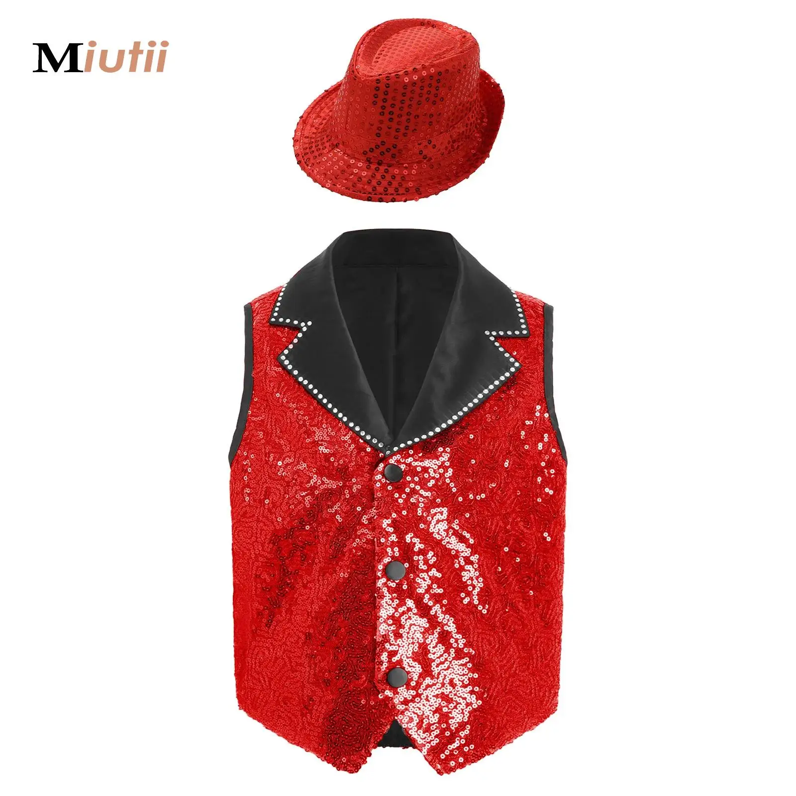 

Kids Boys Girls Sequin Metallic Disco Jazz Tango Vest Top Tassels Cap Sleeves Waistcoat Performance Dancewear with Sequined Hat