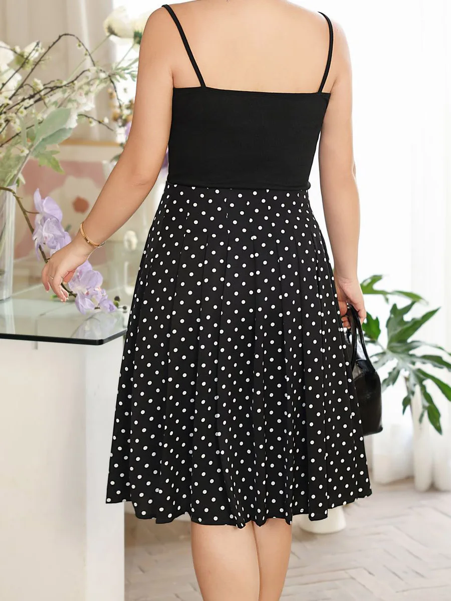 Dames Polka Dot Geplooide A-Lijn Chiffon Rok, Hoge Taille, Temperament, Frans, Plus Size, Zomer, 2024, Goede Kwaliteit