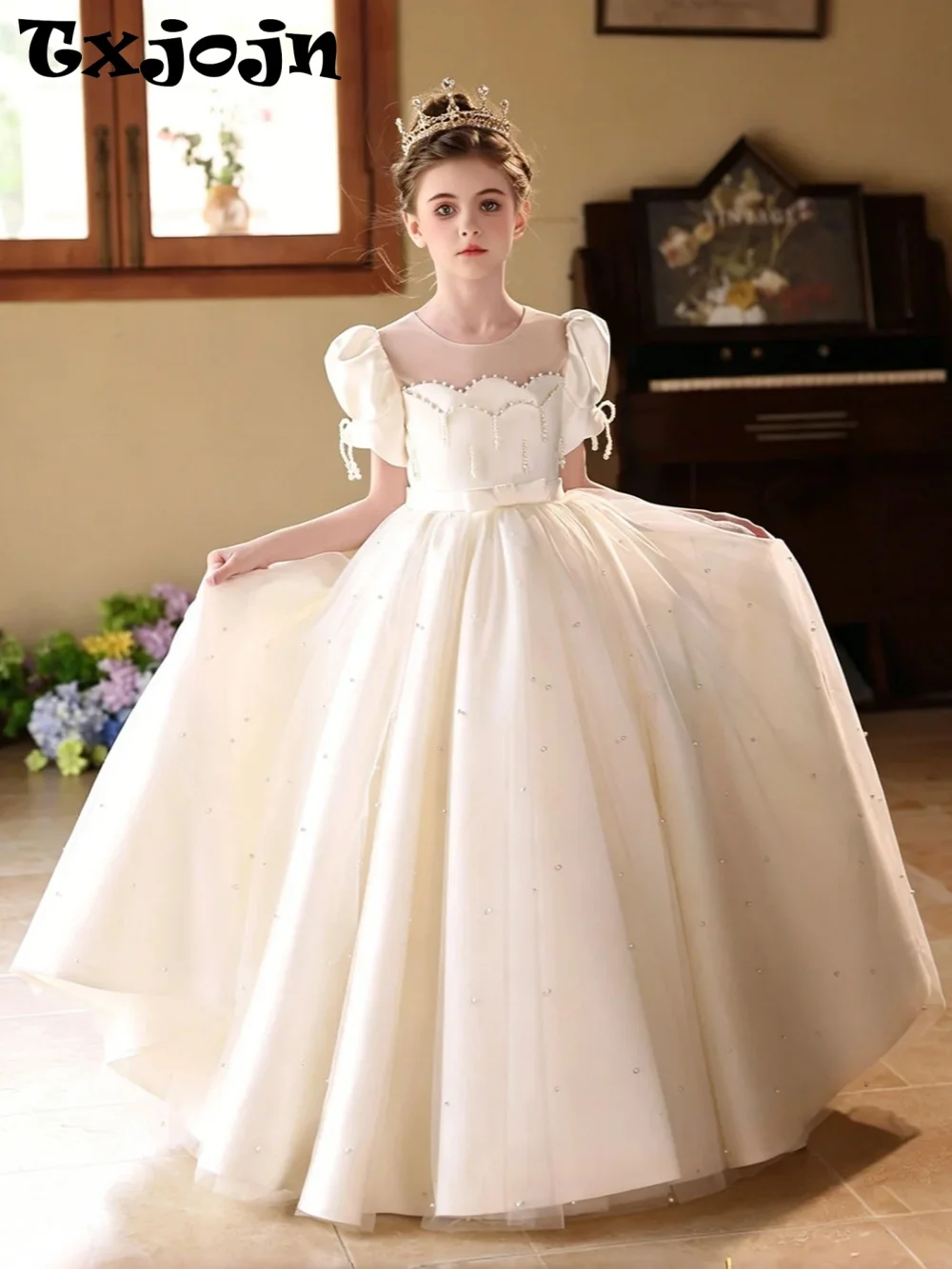 New Shimmering Pearls Girls Dresses Wedding Guest Outfit Delicate Elegant Puff Sleeve Kids Princess Gown Birthday Party Wear
