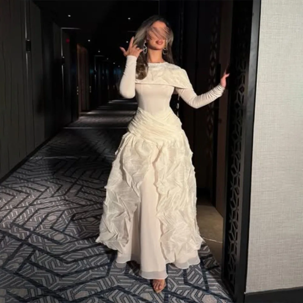 

High Quality Customized High Collar Ankle Length Full Sleeves Wrinkle Tulle Women Vestidos Elegantes Para Mujer Robes De Soirée