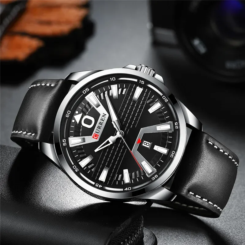 CURREN 8365 Men Watch Top Brand Luxury Black Silver Military Waterproof Male Clock Genuine Leather Quartz Man Wristwatch 8379