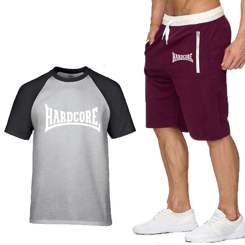 Summer The New Men's T-shirt Hardcore Ma1 Bomber Print Casual high quality Cotton Men's Raglan T-shirt+shorts suit 2pcs