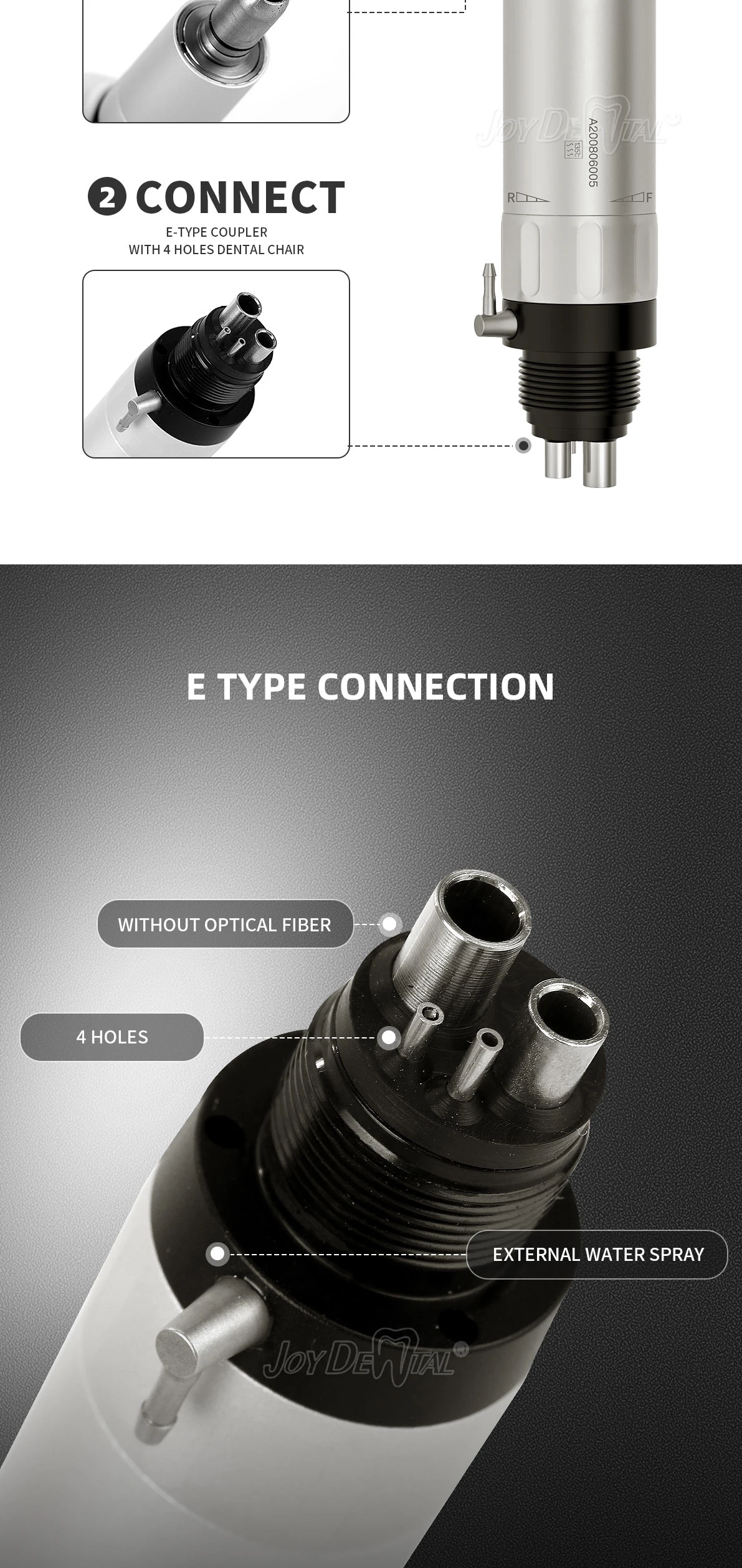 1 Stück JOY DENTAL Niedrigdrehzahl-Handstück 1:1 Winkelstück für ø2,35mm CA-Bohrer Druckknopf Gerader Nasenkegel Luftmotor 2/4 Löcher – Detail 8
