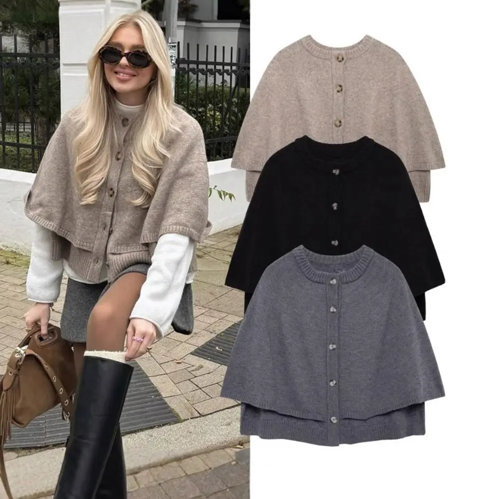 

Casual O Neck Knitted Shawl Jacket Breasted Style Short Cropped Cardigan Solid Color Chic Cape